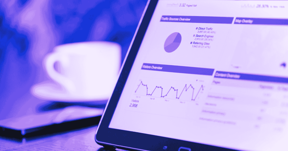 Google Analytics is shown on a tablet screen with a coffee cup in the background.